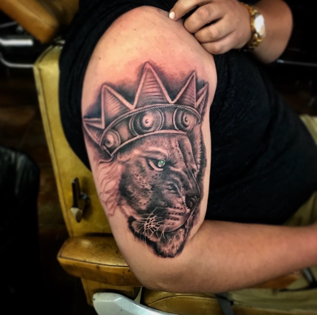 Realism + Black & Grey lion tattoo on Upper Arm by Moeinkk on TattMe