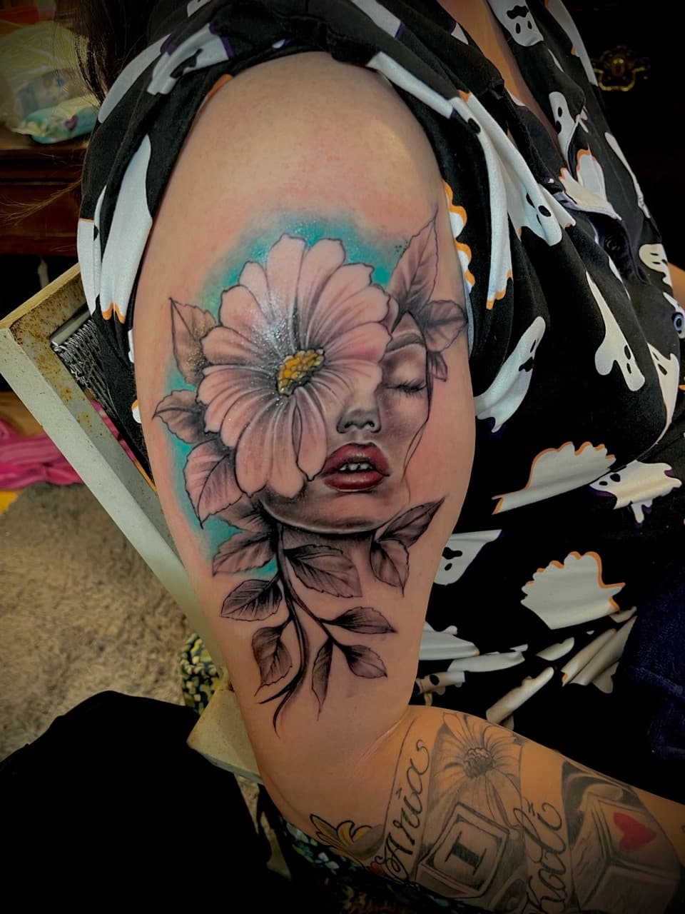 Illustrative + Floral woman tattoo on Upper Arm by Moeinkk on TattMe