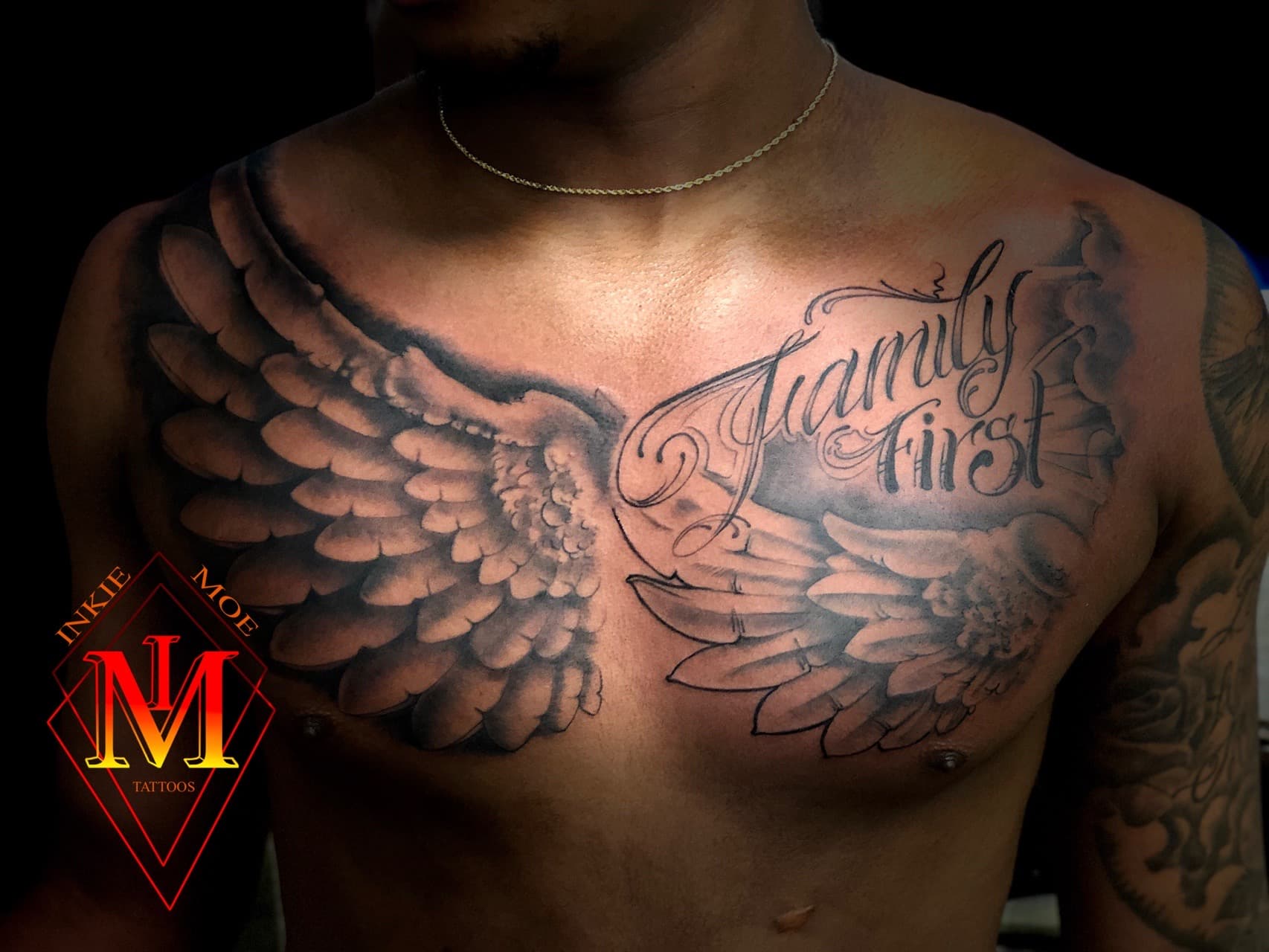 Black & Grey + Lettering wings tattoo on Chest by Moeinkk on TattMe