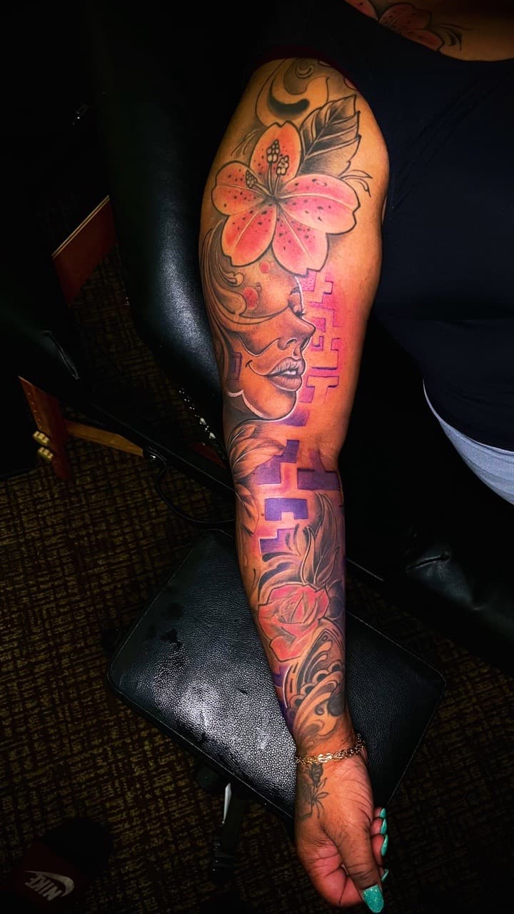 Neo-Traditional + Color flower tattoo on Full Sleeve by Moeinkk on TattMe