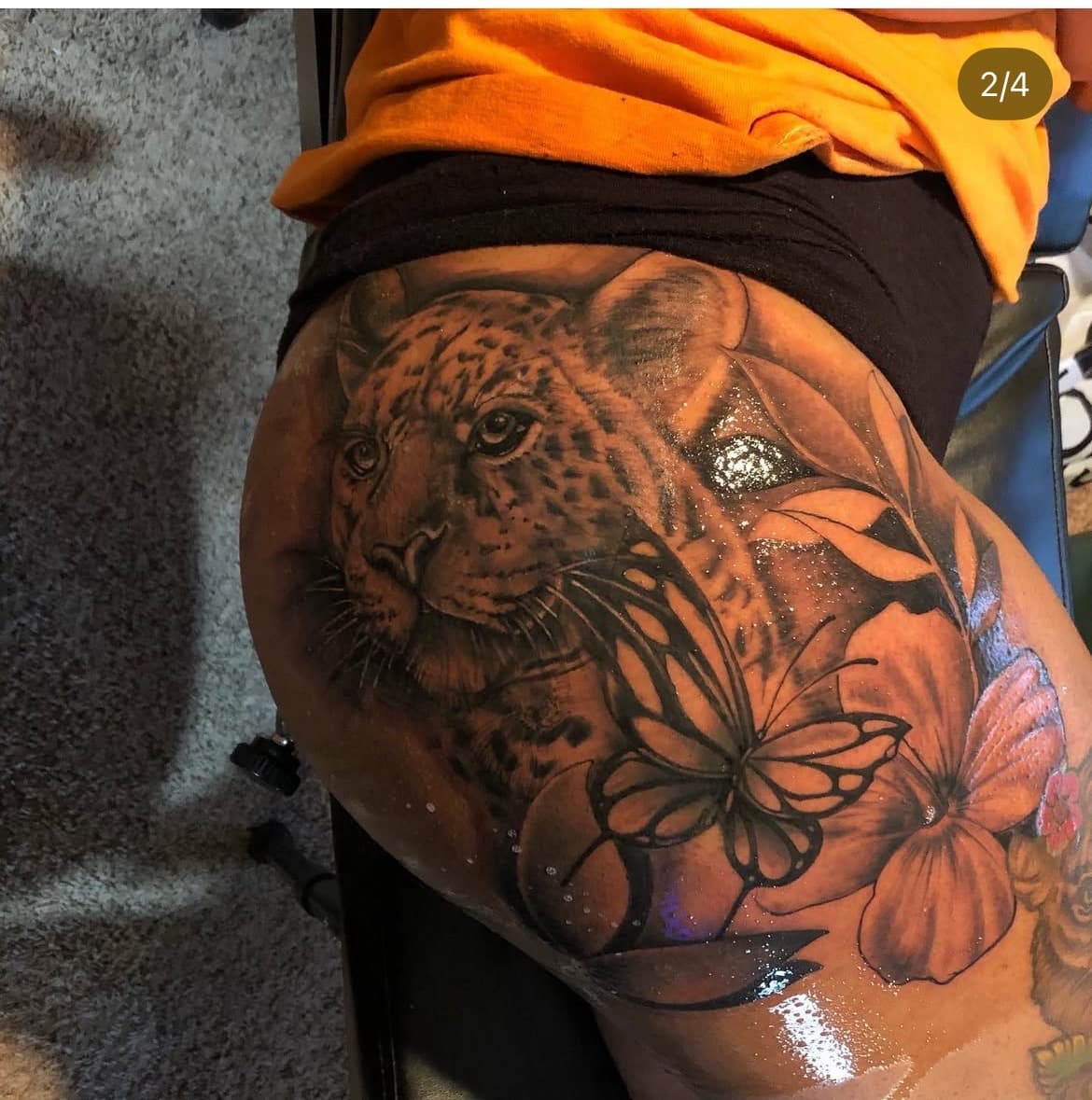 Black & Grey + Realism leopard tattoo on Thigh by Moeinkk on TattMe