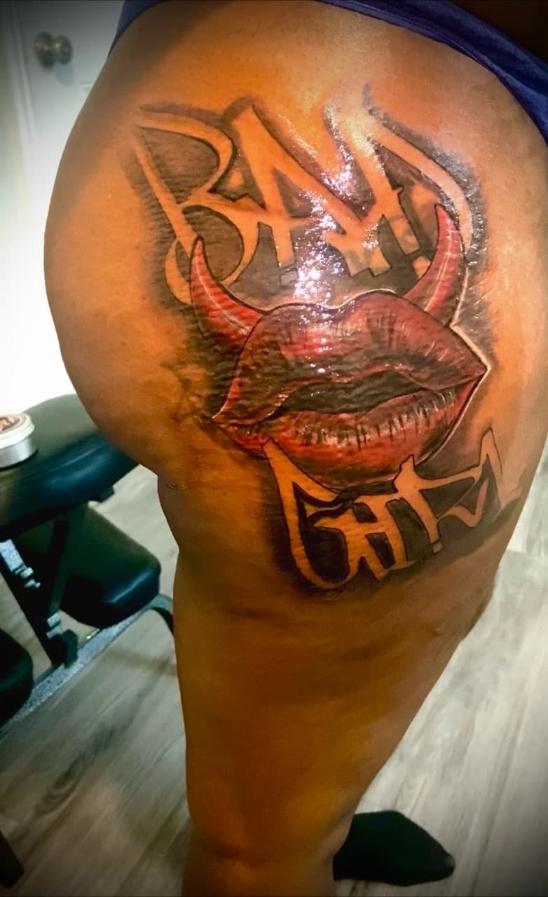 Color + Lettering lips tattoo on Buttocks by Moeinkk on TattMe