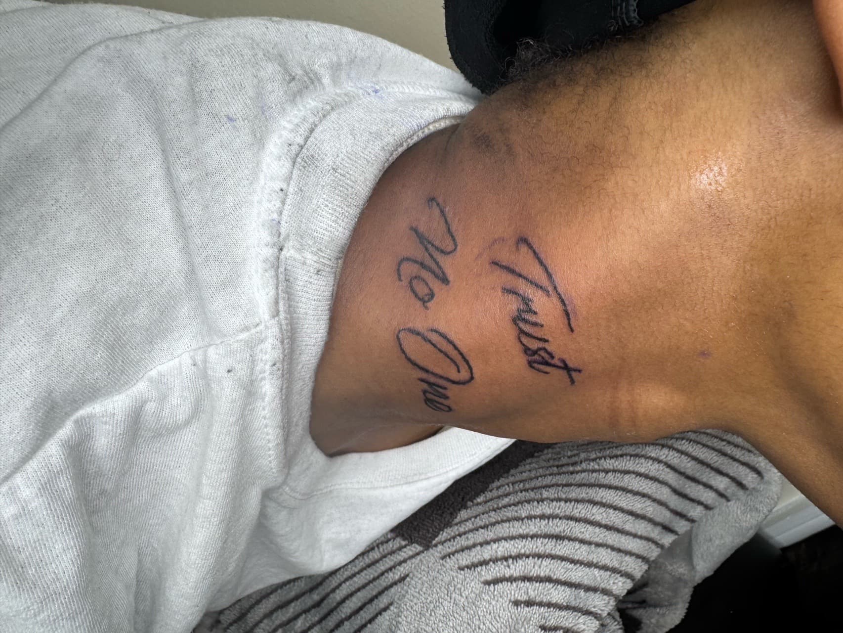 Lettering + Script trust tattoo on Neck (Side) by InkByArtie on TattMe