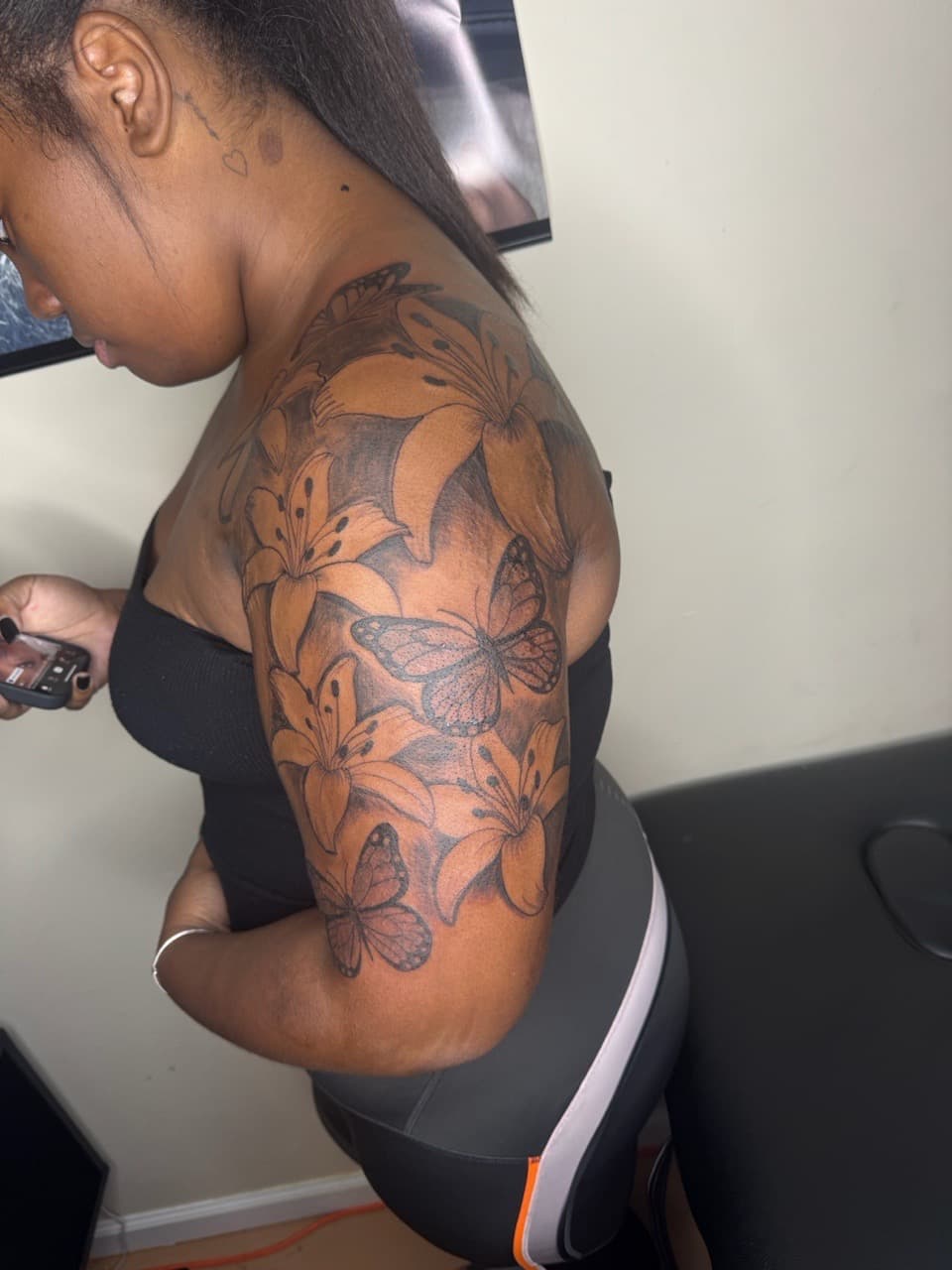 Black & Grey + Floral butterflies tattoo on Shoulder by InkByArtie on TattMe