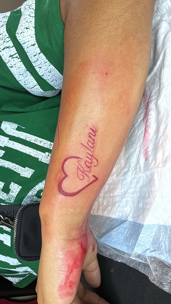 Lettering + Script heart tattoo on Forearm by InkByArtie on TattMe