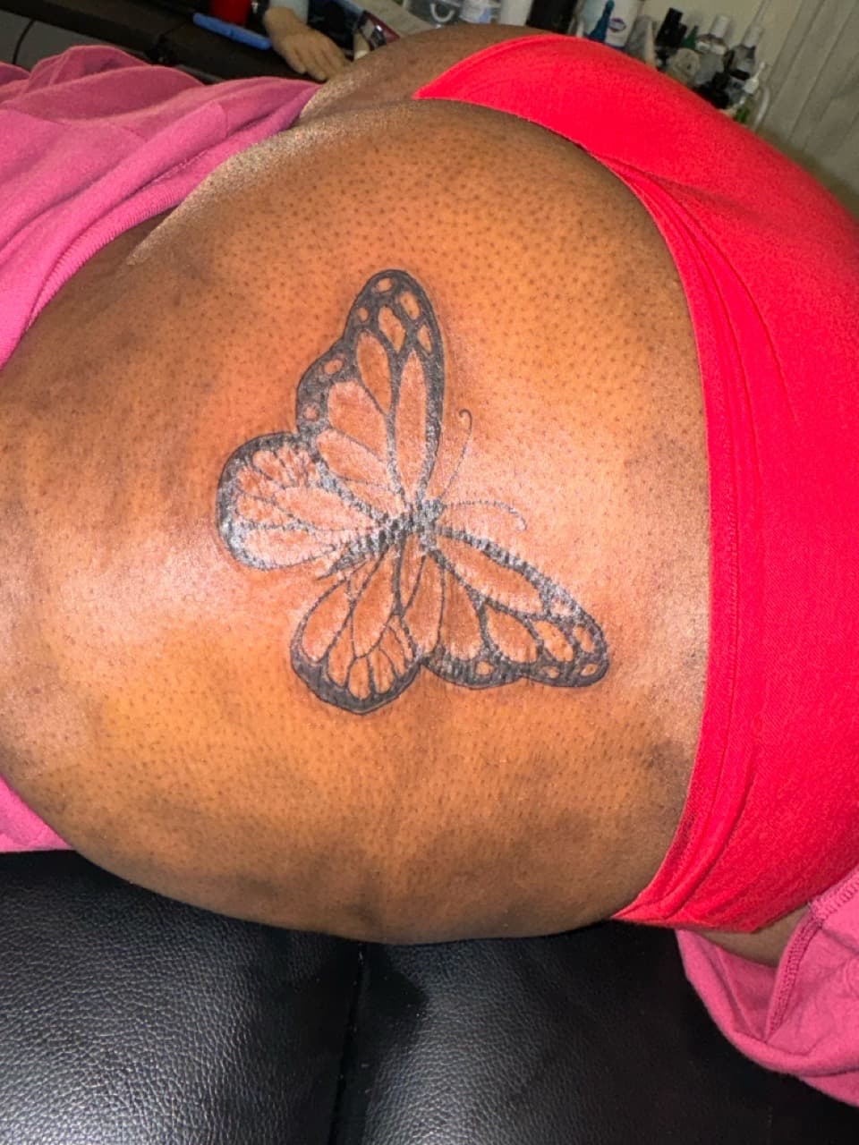 Black-work + Dot-work butterfly tattoo on Thigh by InkByArtie on TattMe