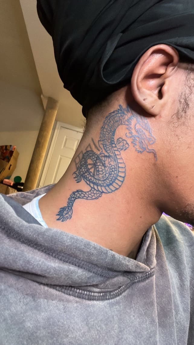 Fine Line + Color dragon tattoo on Neck (Side) by InkByArtie on TattMe