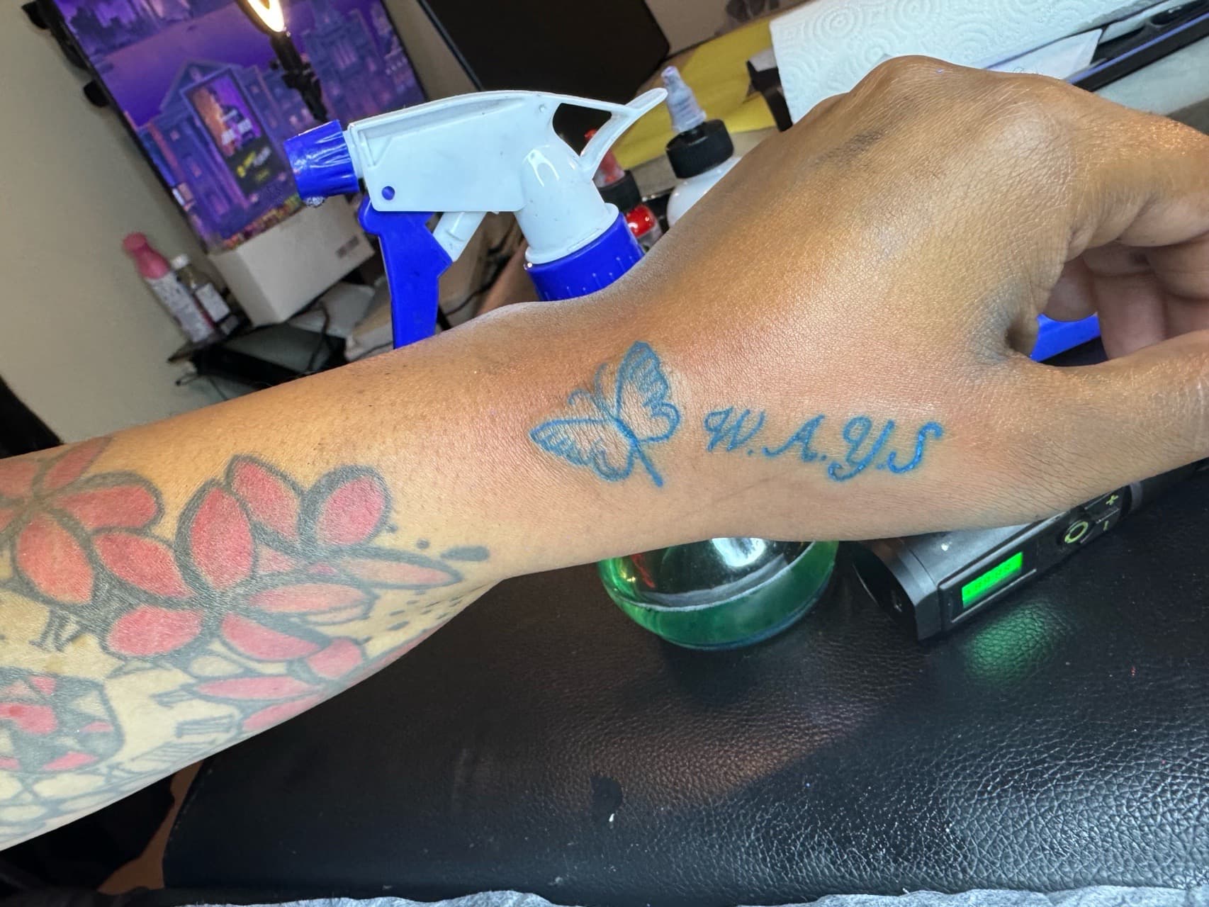 Fine Line + Lettering butterfly tattoo on Hand by InkByArtie on TattMe