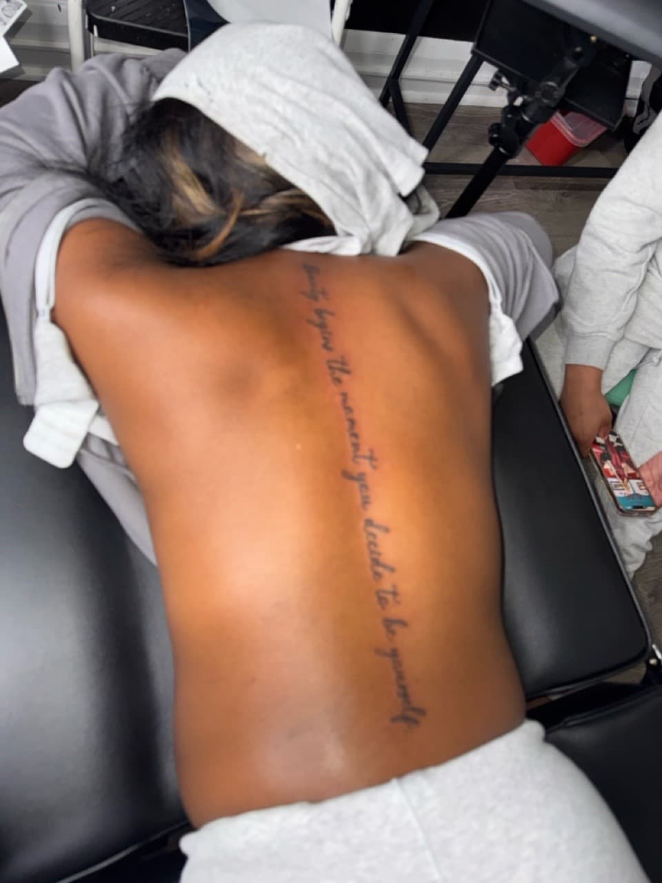 Lettering + Script quote tattoo on Upper Back by InkByArtie on TattMe