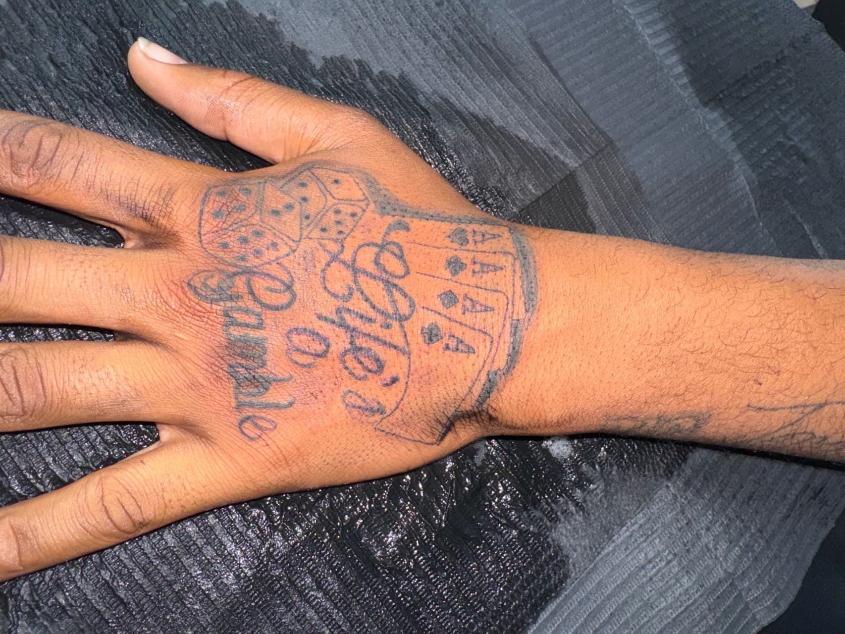 Lettering + Script playing cards tattoo on Hand by InkByArtie on TattMe