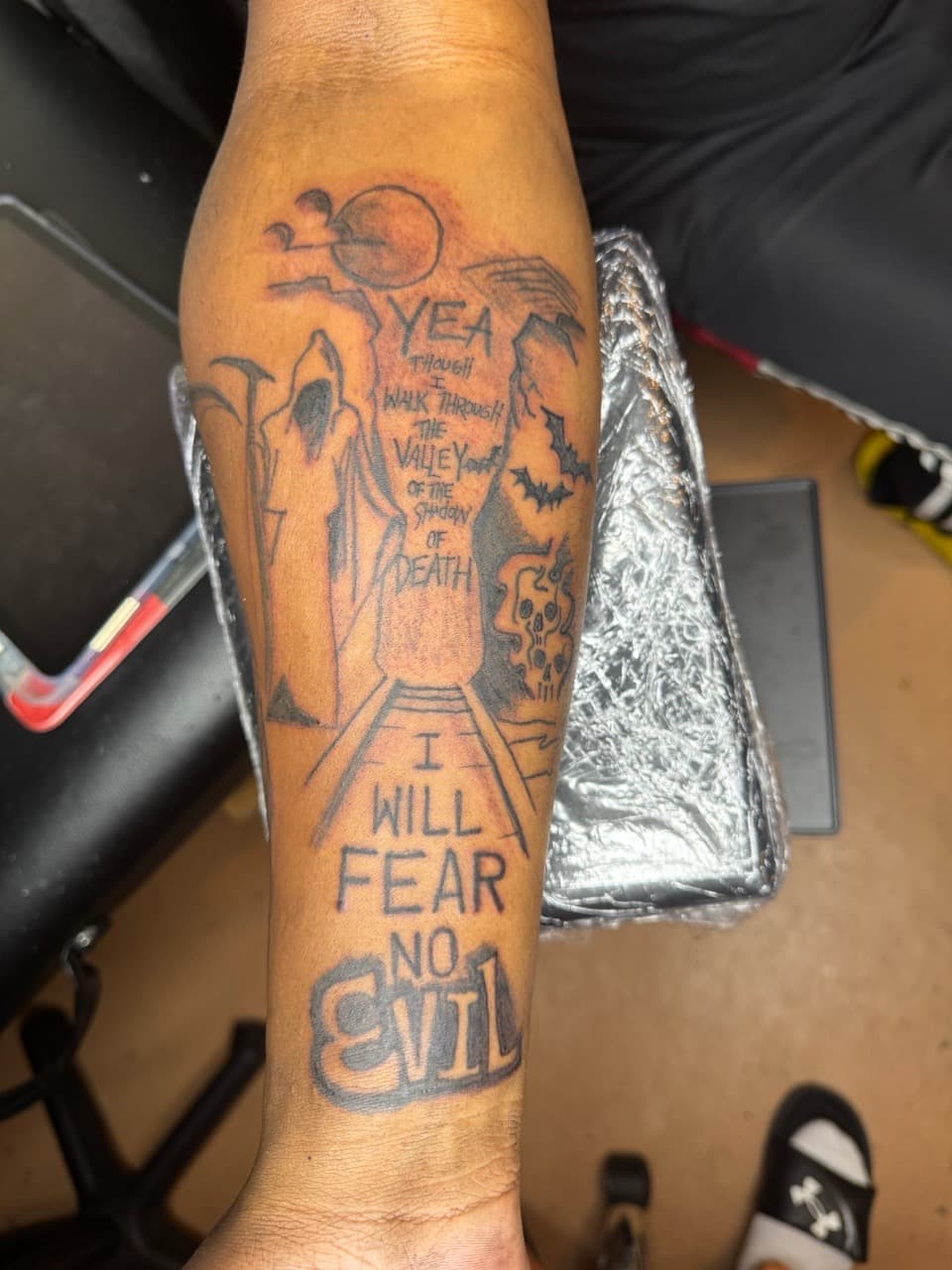 Black & Grey + Lettering grim reaper tattoo on Forearm by InkByArtie on TattMe