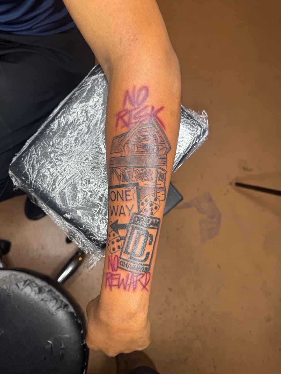 Black & Grey + Lettering dice tattoo on Forearm by InkByArtie on TattMe