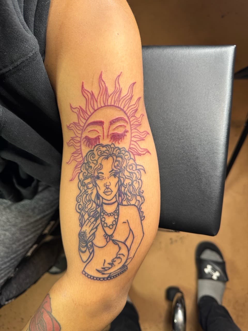 Fine Line + Line-work sun tattoo on Upper Arm by InkByArtie on TattMe
