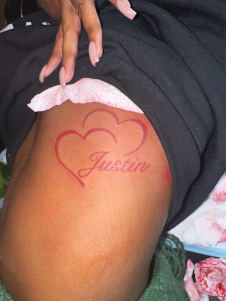 Lettering + Fine Line hearts tattoo on Hip by InkByArtie on TattMe