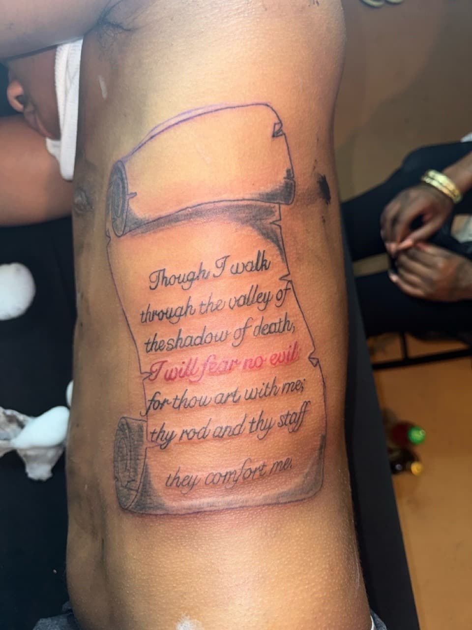 Lettering + Script scroll tattoo on Ribs by InkByArtie on TattMe