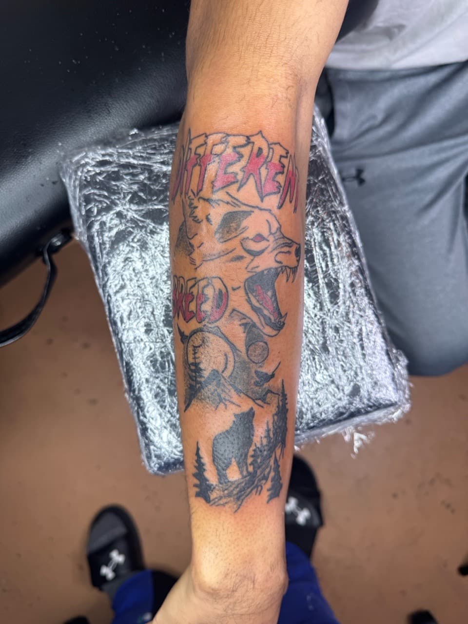 New School + Black-work wolf tattoo on Forearm by InkByArtie on TattMe