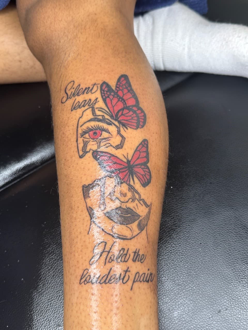Lettering + Color butterflies tattoo on Calf by InkByArtie on TattMe