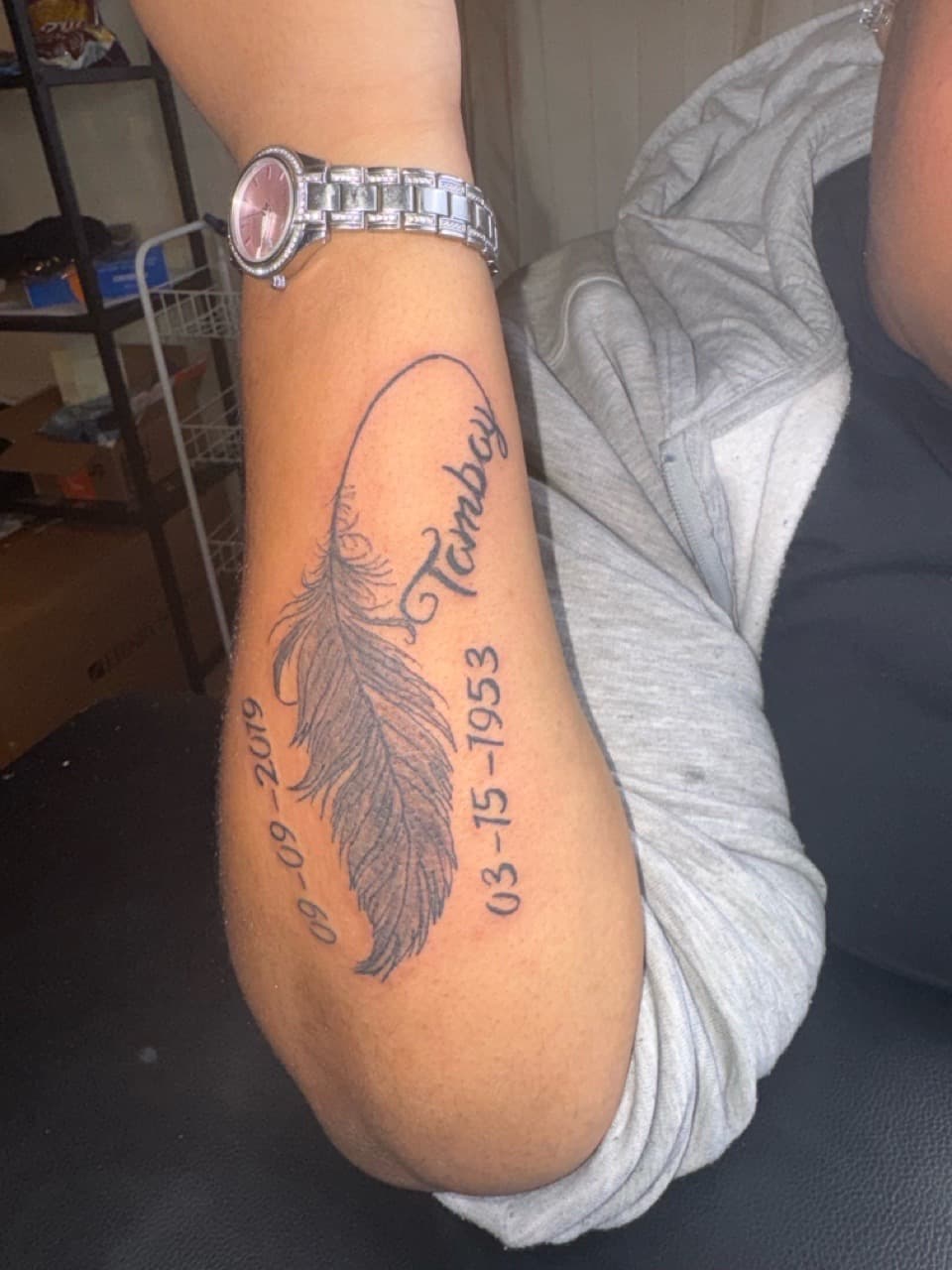 Lettering + Script feather tattoo on Forearm by InkByArtie on TattMe