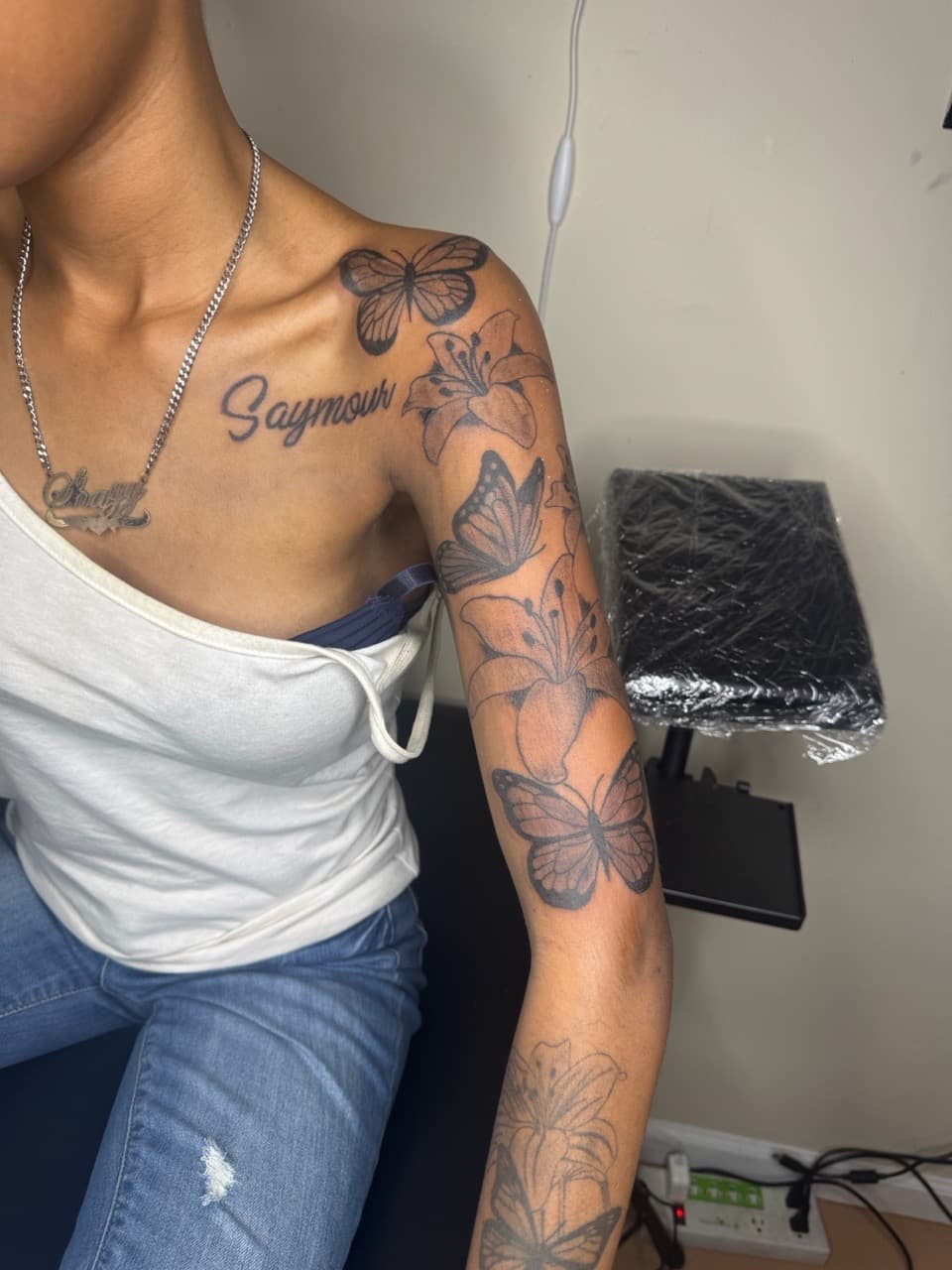 Fine Line + Black & Grey butterflies tattoo on Upper Arm by InkByArtie on TattMe