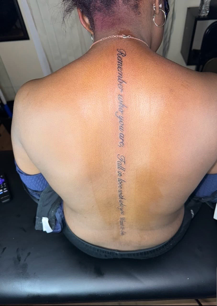 Lettering + Script quote tattoo on Spine by InkByArtie on TattMe