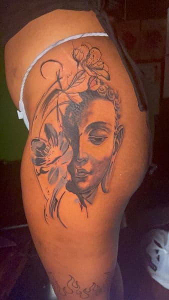 Black & Grey + Illustrative buddha tattoo on Thigh by Ink_Don_Tattoo on TattMe