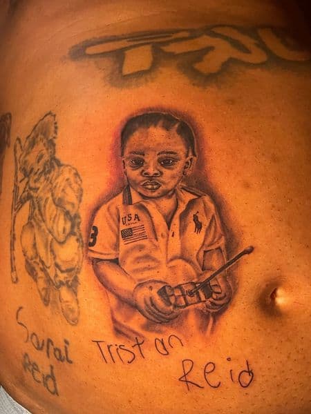 Black & Grey + Portrait Realism child tattoo on Stomach by Ink_Don_Tattoo on TattMe