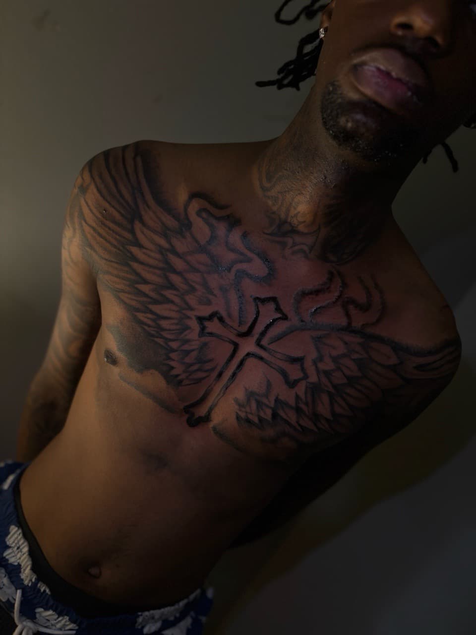 Black & Grey + Black-work cross tattoo on Chest by Inkbyzaza on TattMe