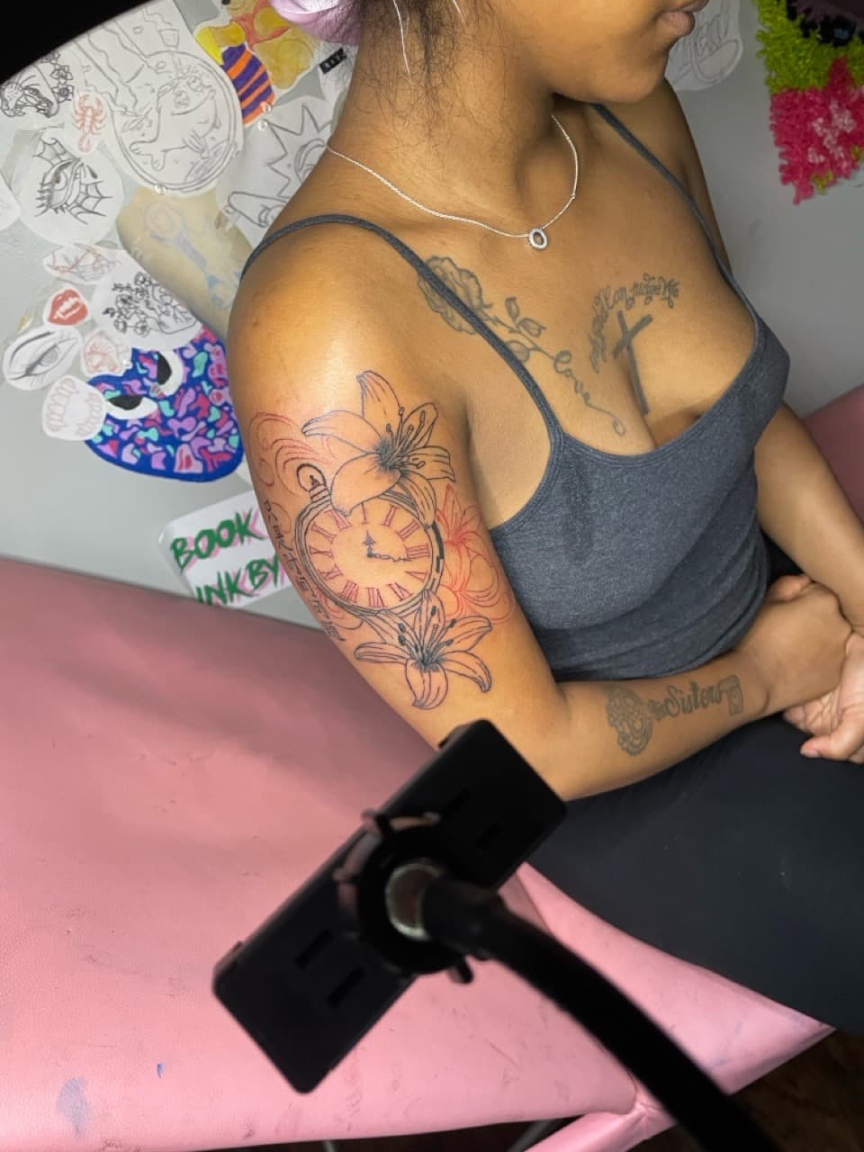 Fine Line + Illustrative pocket watch tattoo on Upper Arm by Inkbyzaza on TattMe
