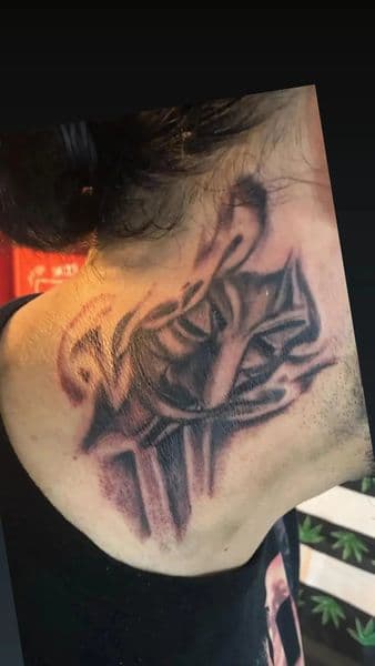 Black & Grey + Abstract mask tattoo on Neck (Back) by Alejandro_Calderon on TattMe