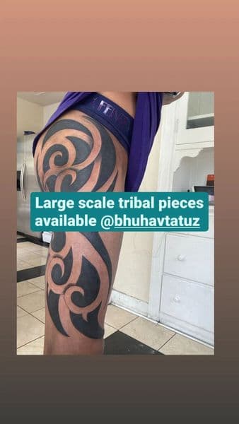 Tribal + Black-work tribal patterns tattoo on Thigh by Alejandro_Calderon on TattMe