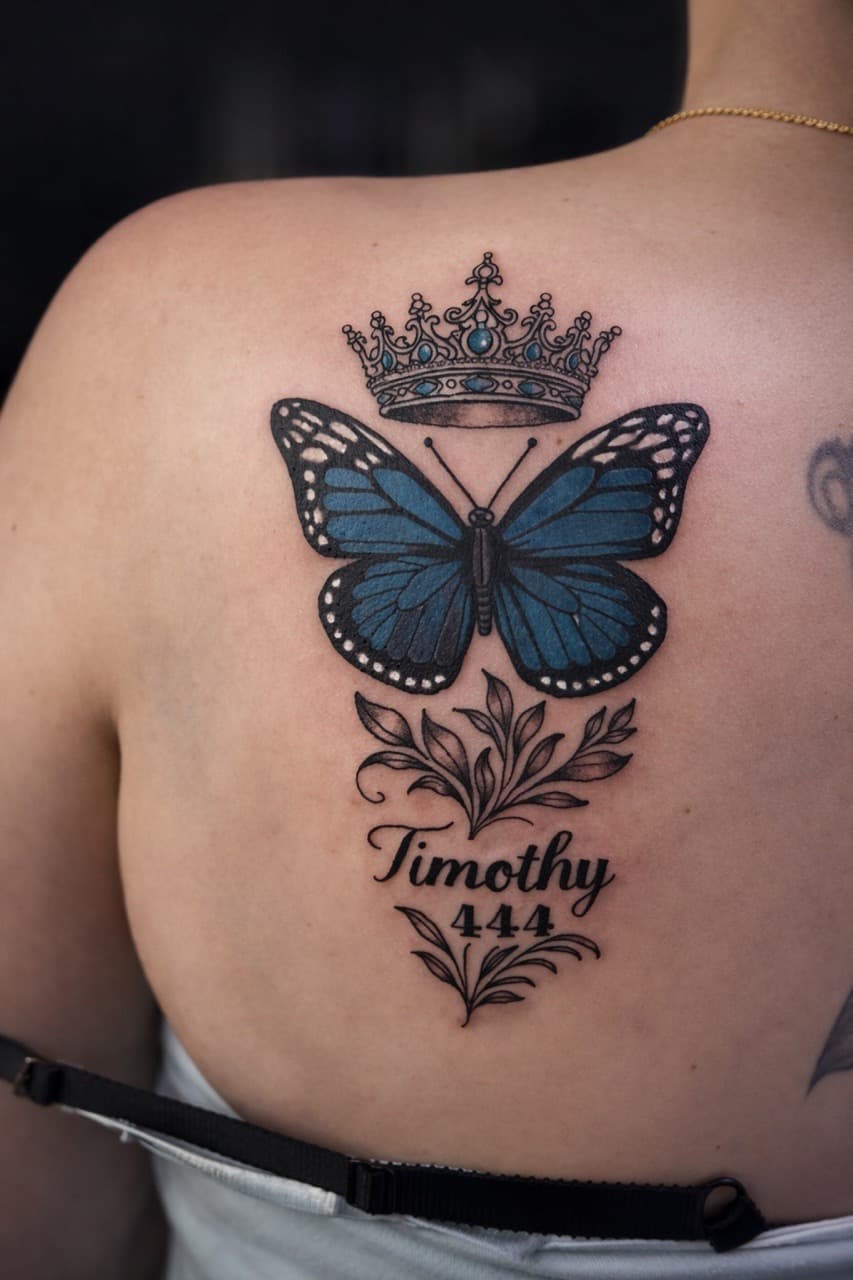 Color + Lettering butterfly tattoo on Shoulder Blade by Tayylorjack_Tatts on TattMe