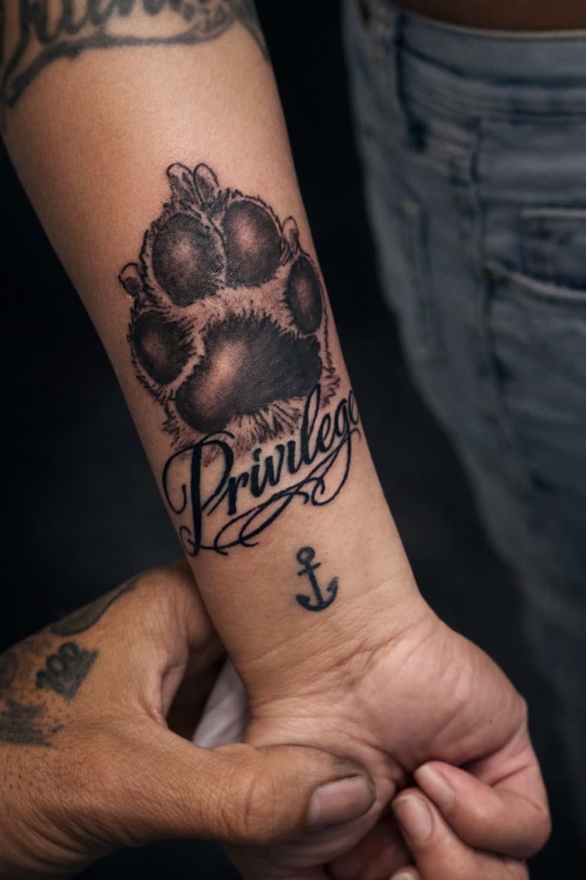 Black & Grey + Lettering paw print tattoo on Forearm by Tayylorjack_Tatts on TattMe