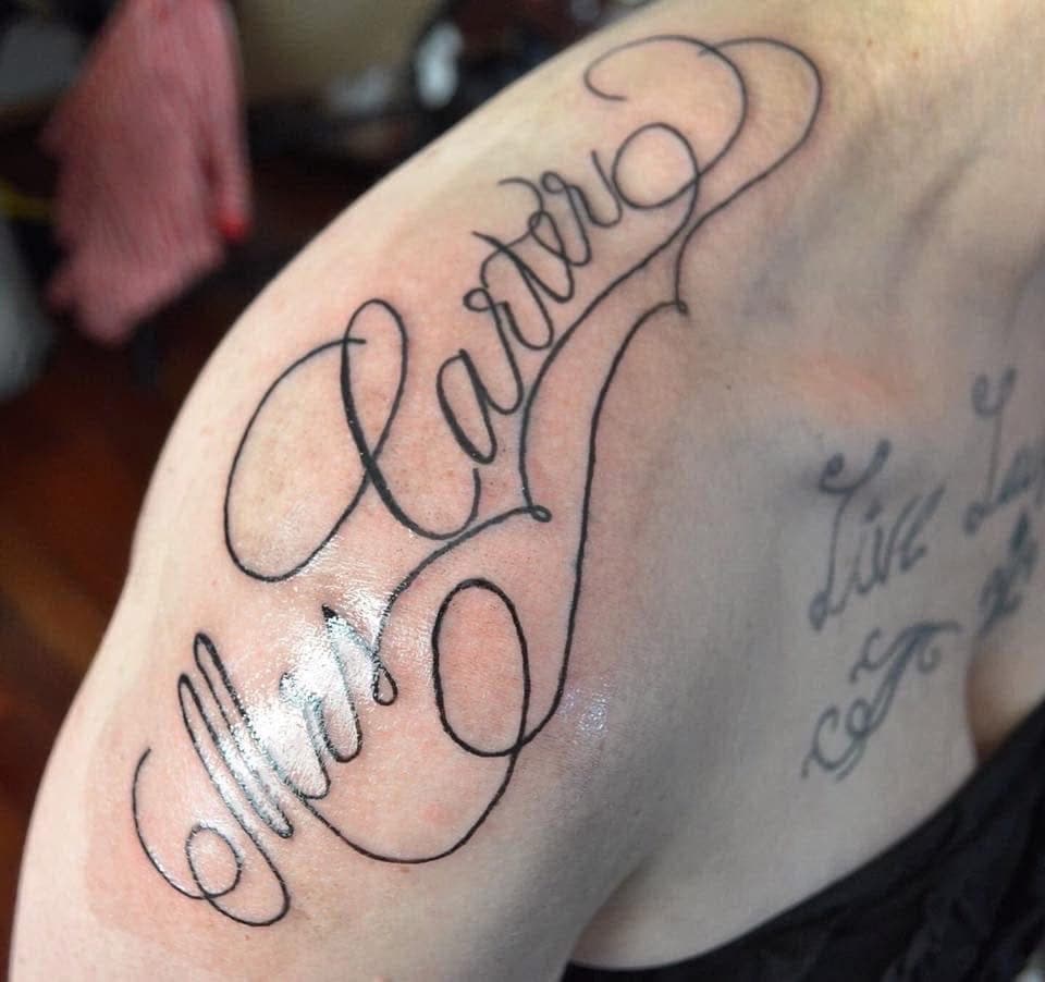 Lettering + Script name tattoo on Shoulder by Tayylorjack_Tatts on TattMe