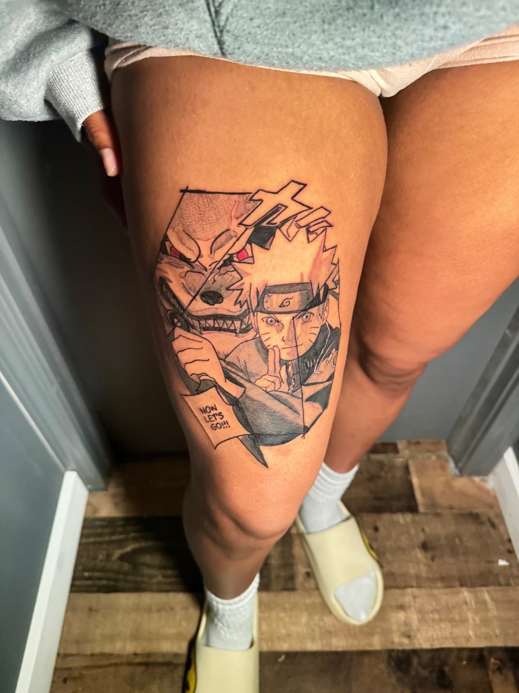 Anime + Black & Grey naruto tattoo on Thigh by inkbyt0ny on TattMe