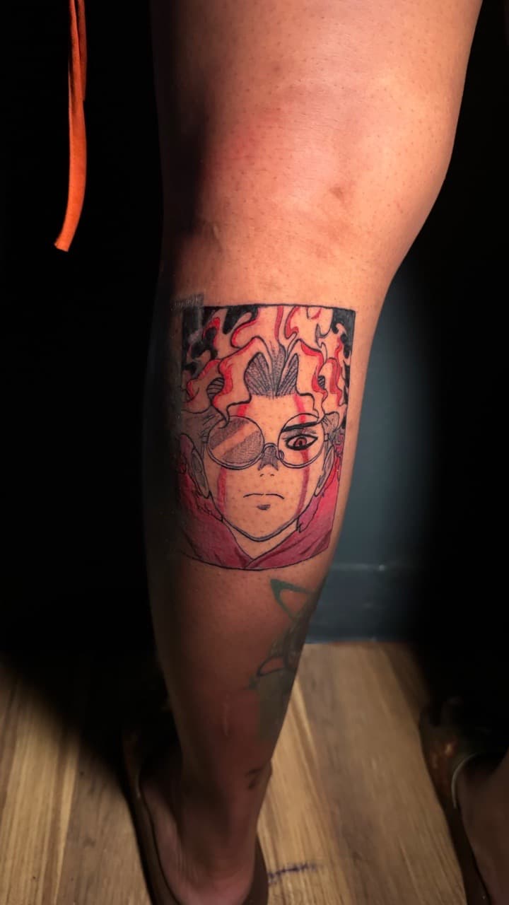 Anime + Color glasses tattoo on Shin by inkbyt0ny on TattMe