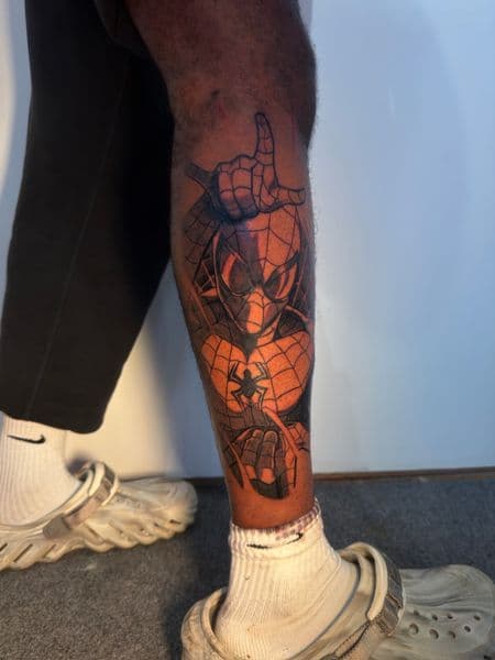 Pop Culture + Illustrative spider-man tattoo on Calf by inkbyt0ny on TattMe