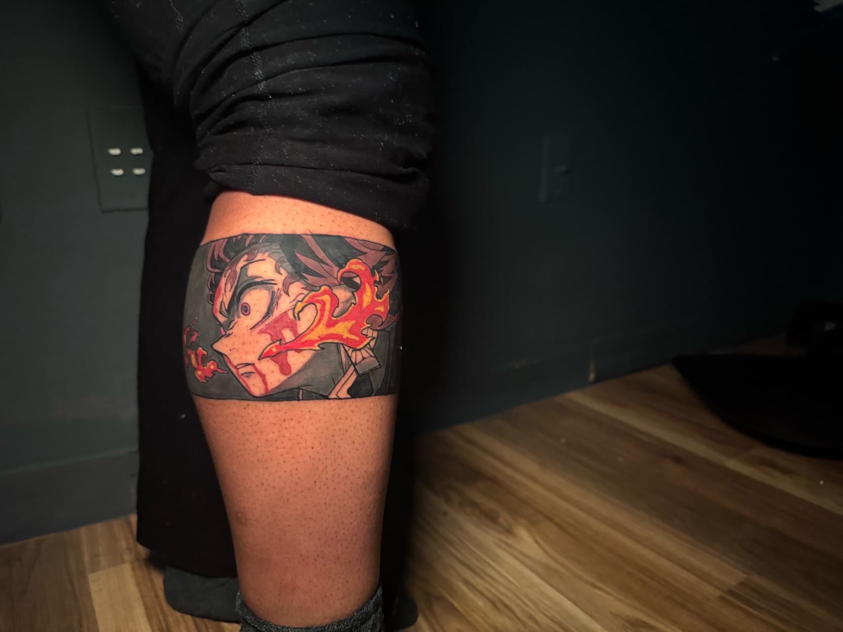 Anime + Color flame tattoo on Calf by inkbyt0ny on TattMe