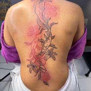 Line-work + Floral koi tattoo on Upper Back by inkbyt0ny on TattMe