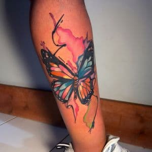 Watercolor + Color butterfly tattoo on Calf by inkbyt0ny on TattMe