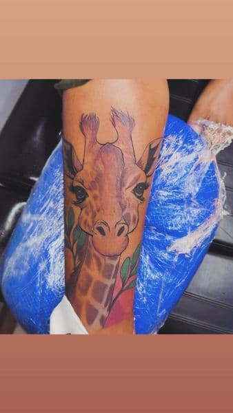 Illustrative + Color giraffe tattoo on Calf by inkbyt0ny on TattMe