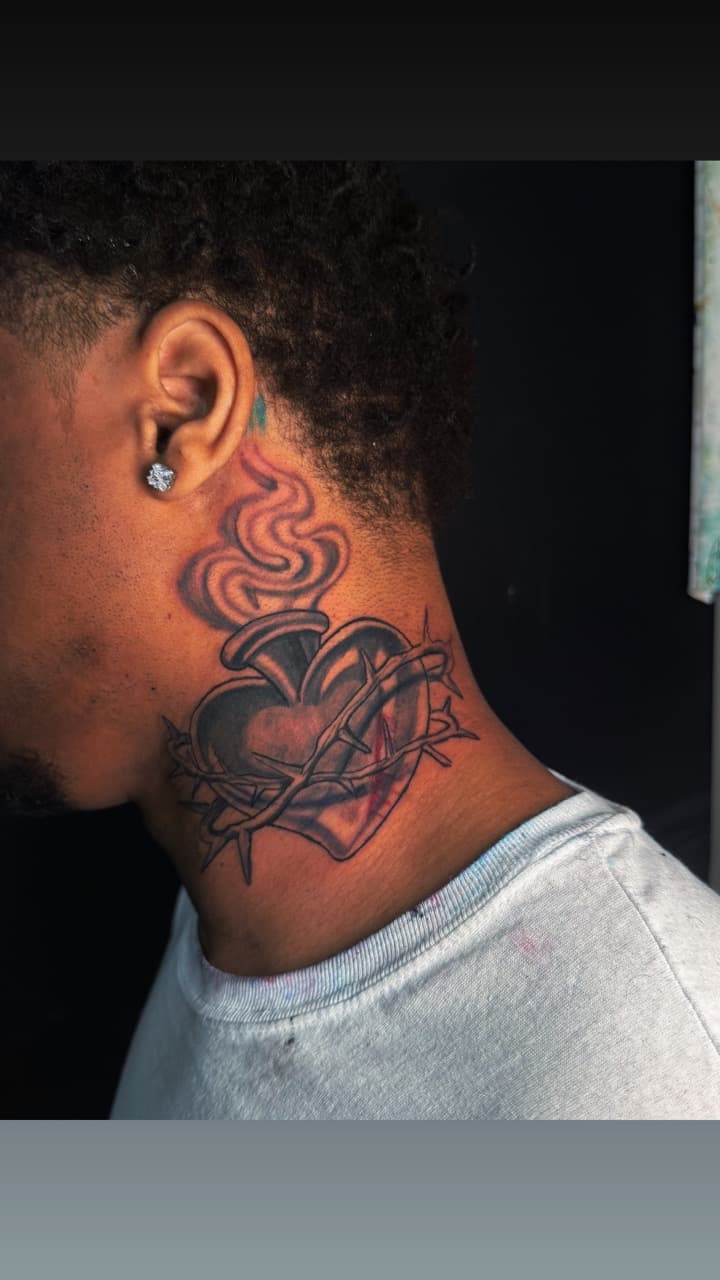 Black & Grey + Realism heart tattoo on Neck (Side) by inkbyt0ny on TattMe