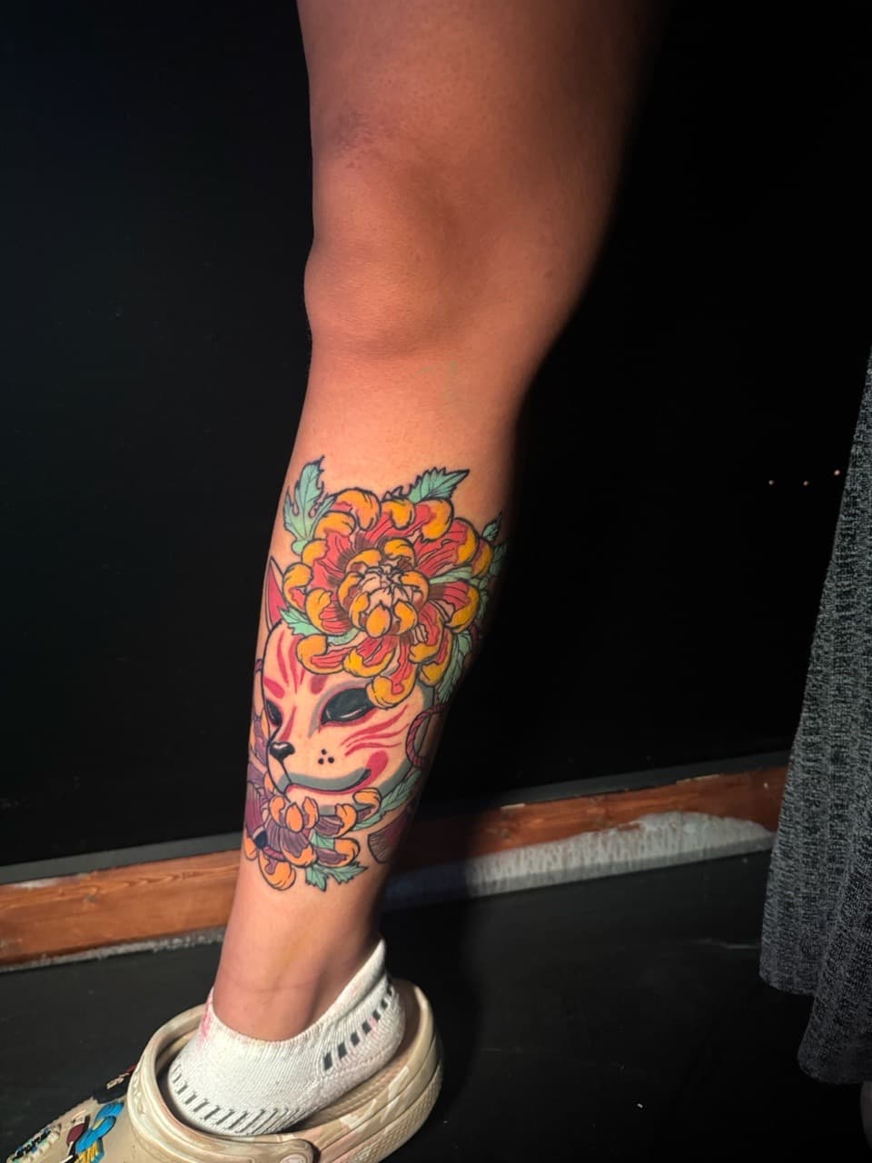 Japanese + Color kitsune mask tattoo on Calf by inkbyt0ny on TattMe