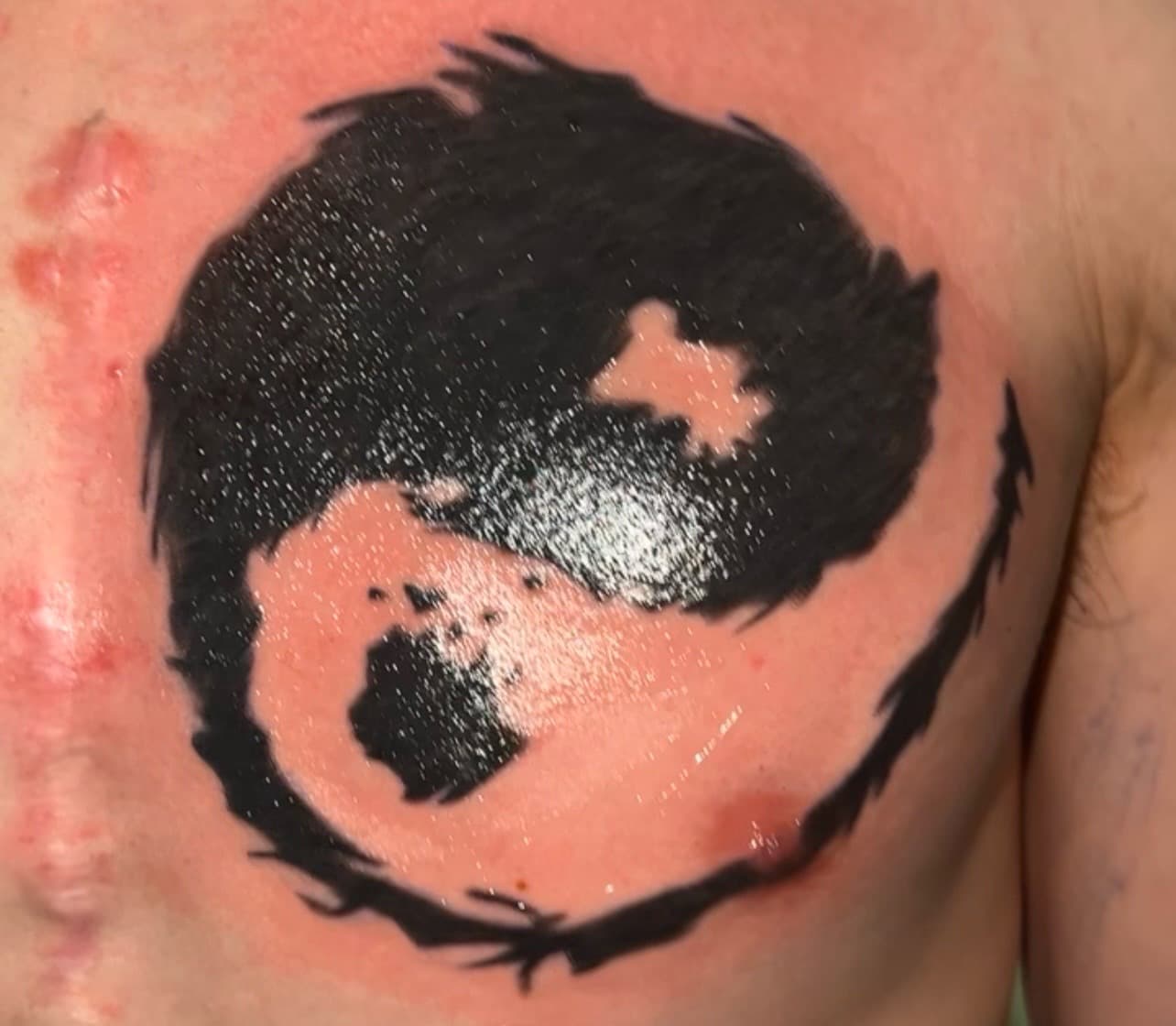 Black-work + Tribal dragon tattoo on Chest by Flip_Ink_LLC on TattMe