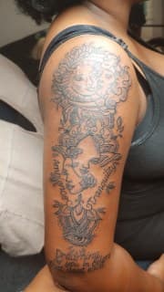 Line-work + Illustrative sun tattoo on Upper Arm by Cakes_Ariana on TattMe