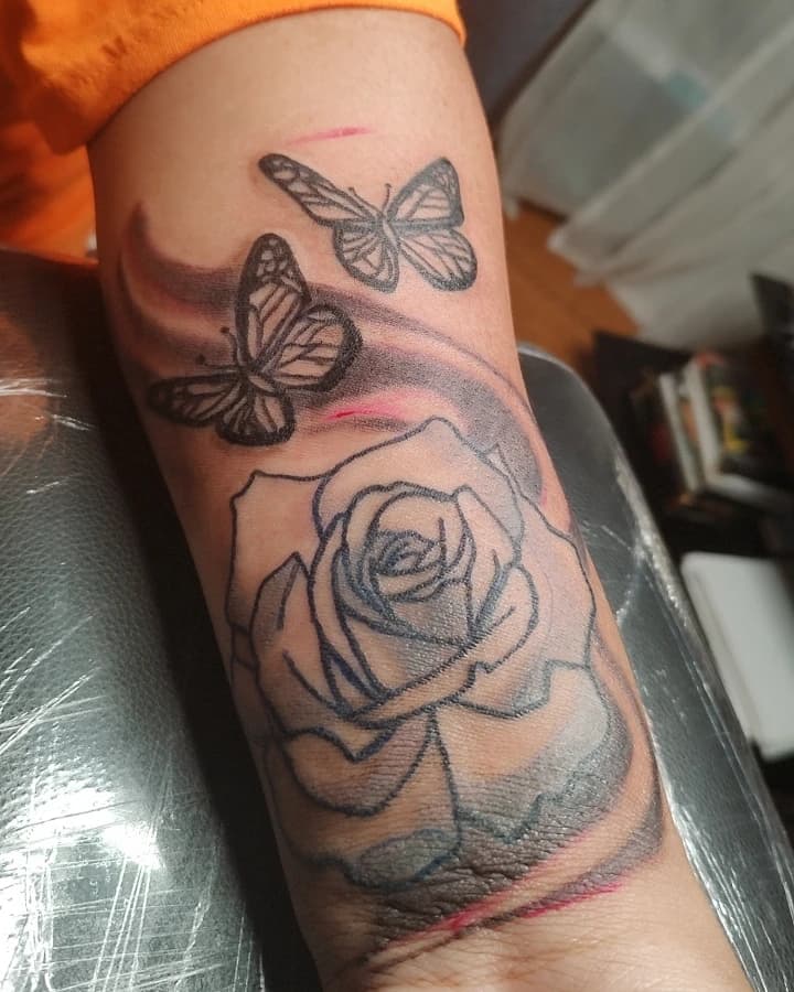 Black & Grey + Floral butterflies tattoo on Forearm by Cakes_Ariana on TattMe