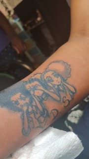 Illustrative + Cartoon figures tattoo on Forearm by Cakes_Ariana on TattMe