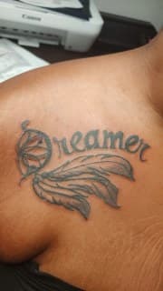 Fine Line + Black & Grey dreamcatcher tattoo on Shoulder by Cakes_Ariana on TattMe