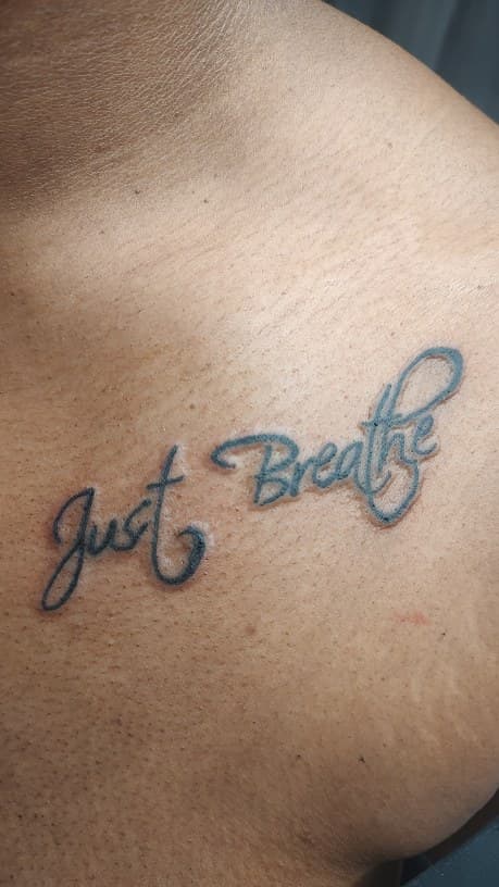 Lettering + Script words tattoo on Chest by Cakes_Ariana on TattMe