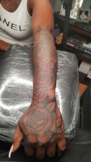Line-work + Floral roses tattoo on Forearm by Cakes_Ariana on TattMe