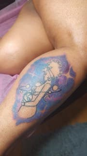 Line-work + Watercolor woman tattoo on Thigh by Cakes_Ariana on TattMe